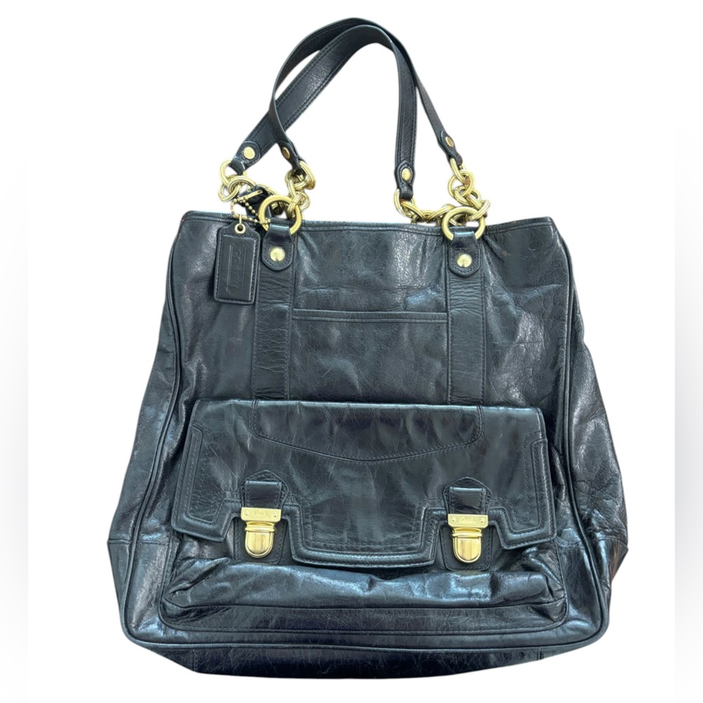 Coach Poppy Camelia Black Leather N/S Tote Large